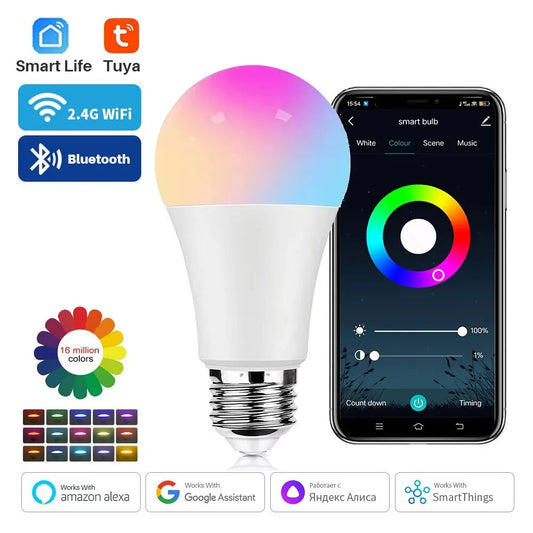 Tuya Smart Bulb E27 WiFi/Bluetooth Dimmable LED Light Bulb RGBCW 100-240V Smart Life App Control Support Alexa Google Home